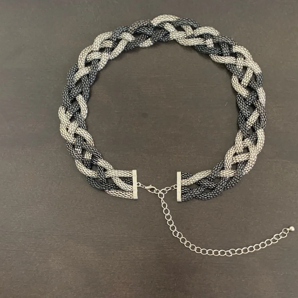 Elegant Black and Silver Braided Chain Belt with extender.